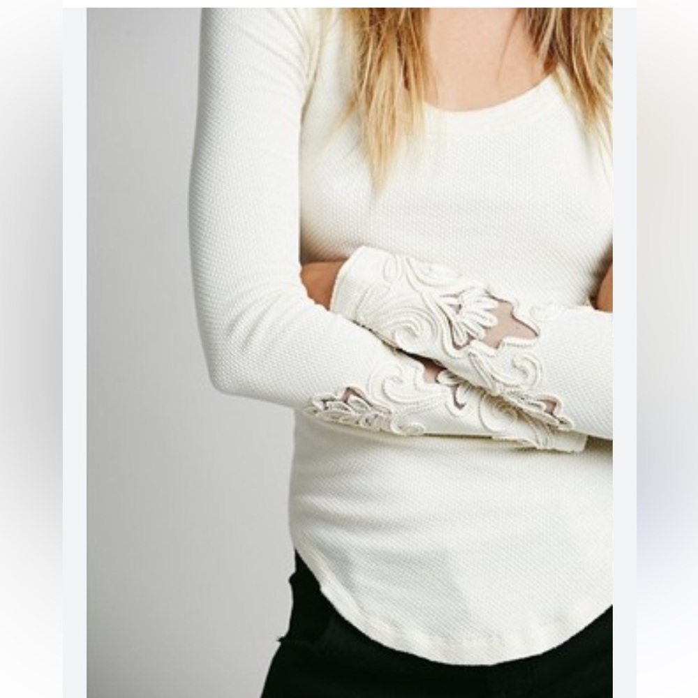Free People Cream Long Sleeve Thermal Top with Lace Cuffs